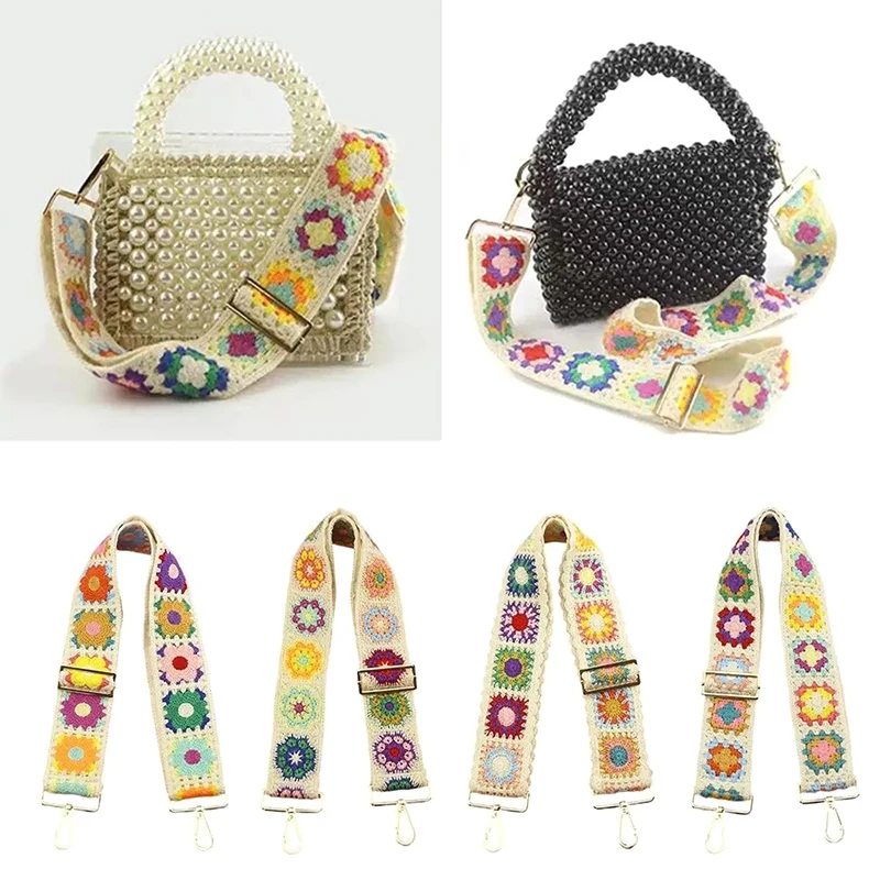 Fashion Crochet Flower Bag Strap Wide Adjustable Shoulder Bag Strap DIY Knitted Ethnic Embroidery Purse Bag Strap Accessories