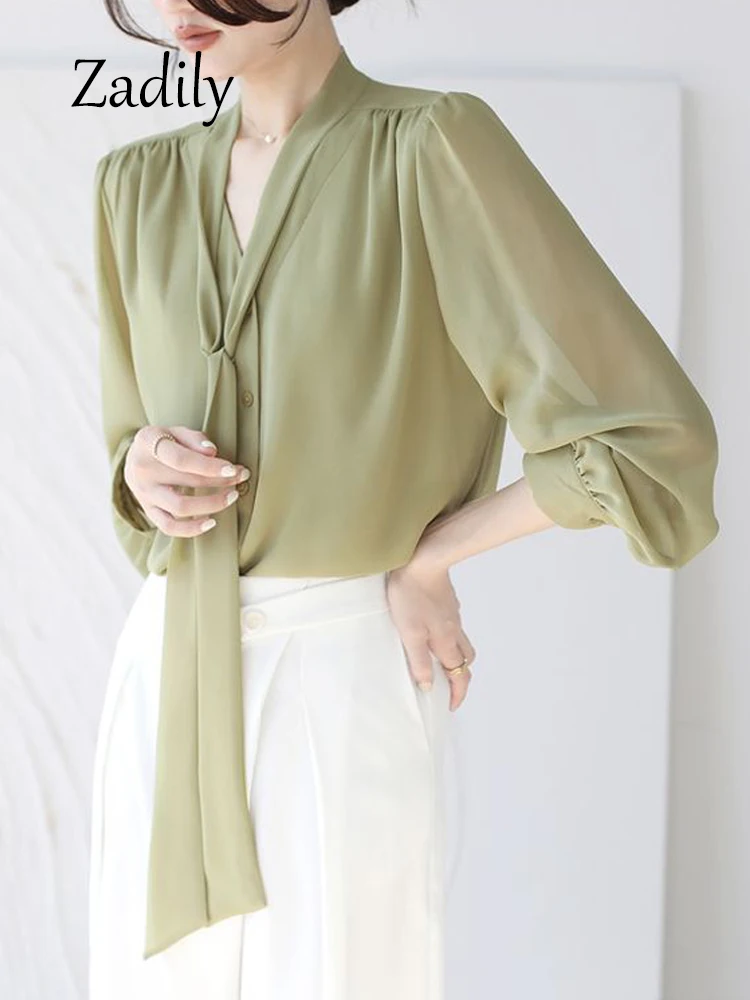 Zadily 2024 Summer Office Lady Women Chiffon Shirt Korea Style Bandage Button Up Ladies Blouse Long Sleeve Transparent Tunic Top