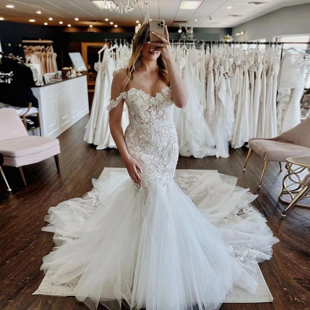 

Angelsbridep Off-Shoulder Appliques Tulle Wedding Dress Bride Gowns Elegant Mermaid Vestidos De Novia Robe De Mariée Plus Size