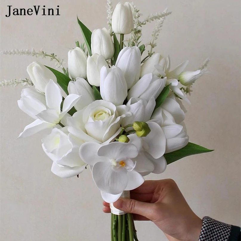 

JaneVini Real Touch White Calla Lily Bridal Bridesmaid Wedding Bouquet Braut Strauss Blumen Artificial Tulip Hand Flower Bride