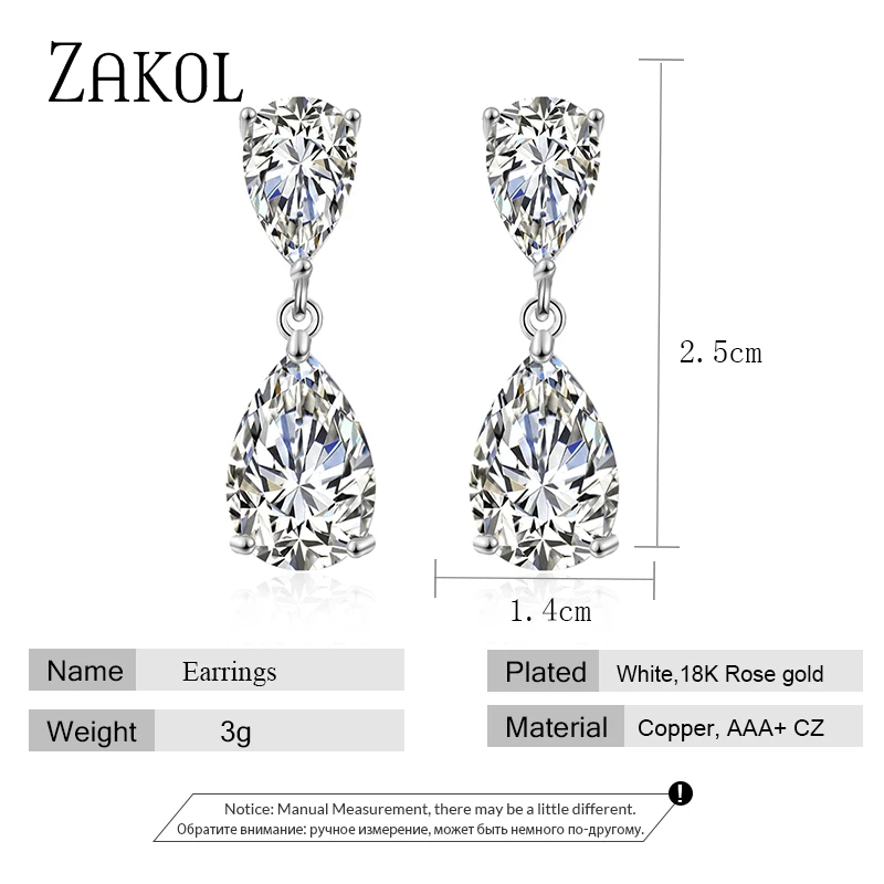 ZAKOL Cute Transparent Crystal Dangle Drop Earrings For Girls Clear Gold Color Women Small Wedding Engagement Jewelry FSEP2516