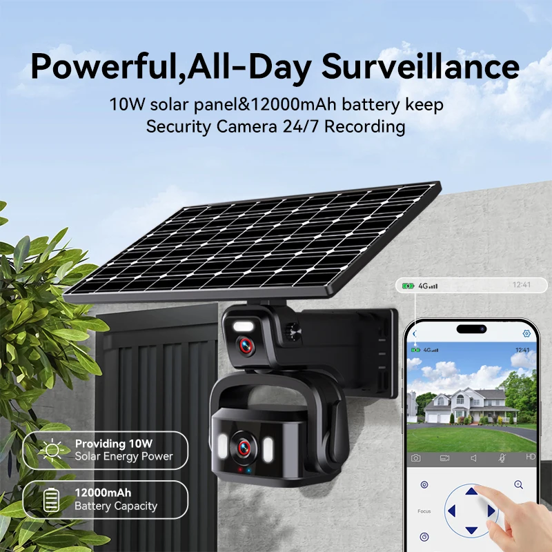 Caméra solaire P5 4K/8MP avec carte SIM 4G, panneau solaire, caméra extérieure, détection de mouvement PIR, double objectif, caméra solaire
