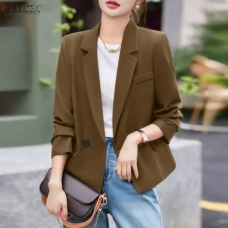 ZANZEA Minimalist Women's Lightweight Blazer 2026 Spring Casual Lapel Neck Long Sleeve Solid Color Formal Suit Jackets for Woman