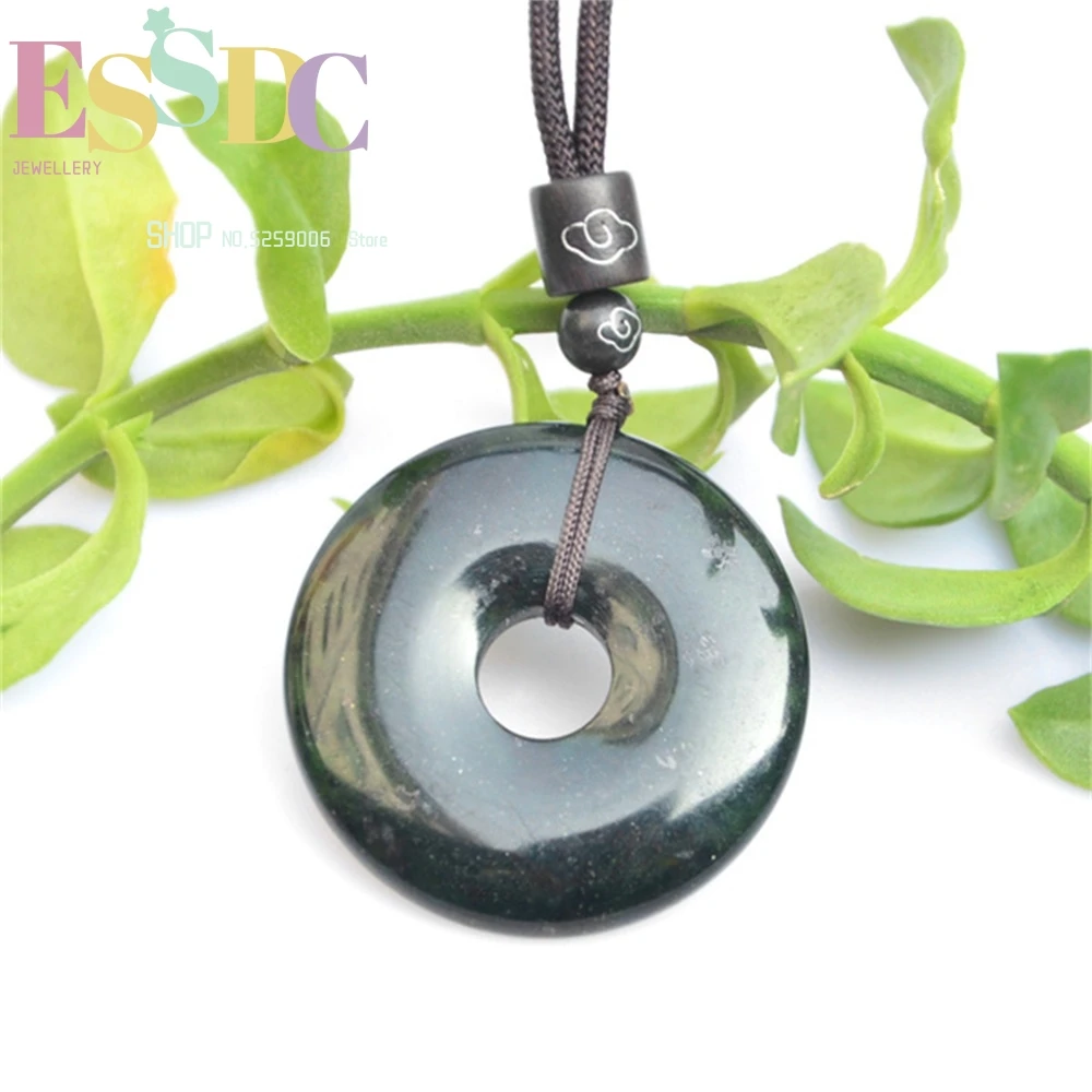 Natural Black Green Hetian Stone Doughnut Carved Jade Pendant Necklace Chinese Jadeite Jewelry Charm Amulet Gifts for Women Men