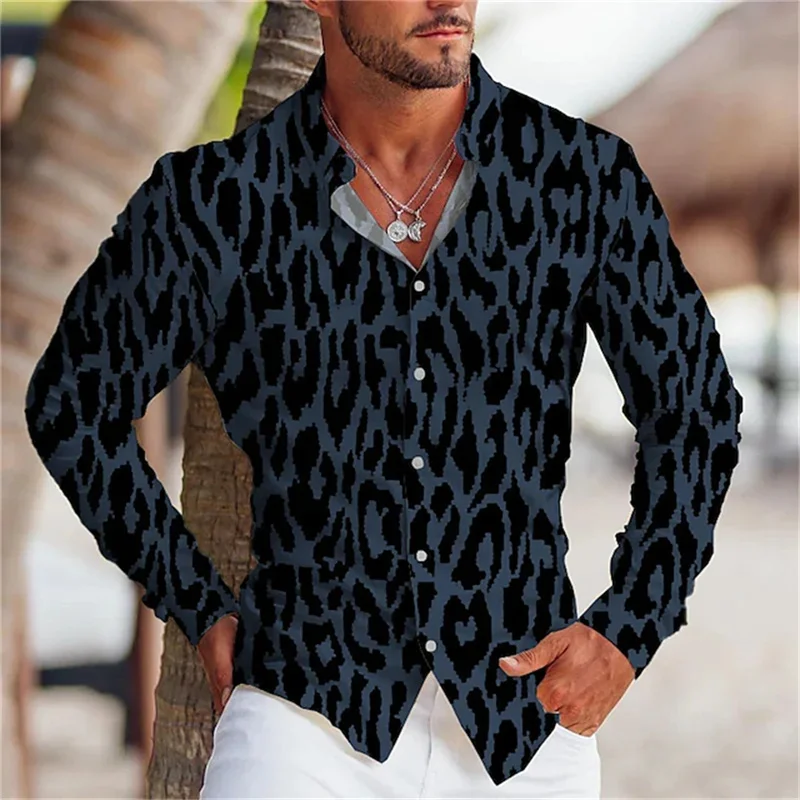 Leopard print men\'s shirt style fashionable casual men\'s soft and comfortable high-end party top domineering men\'s street long s