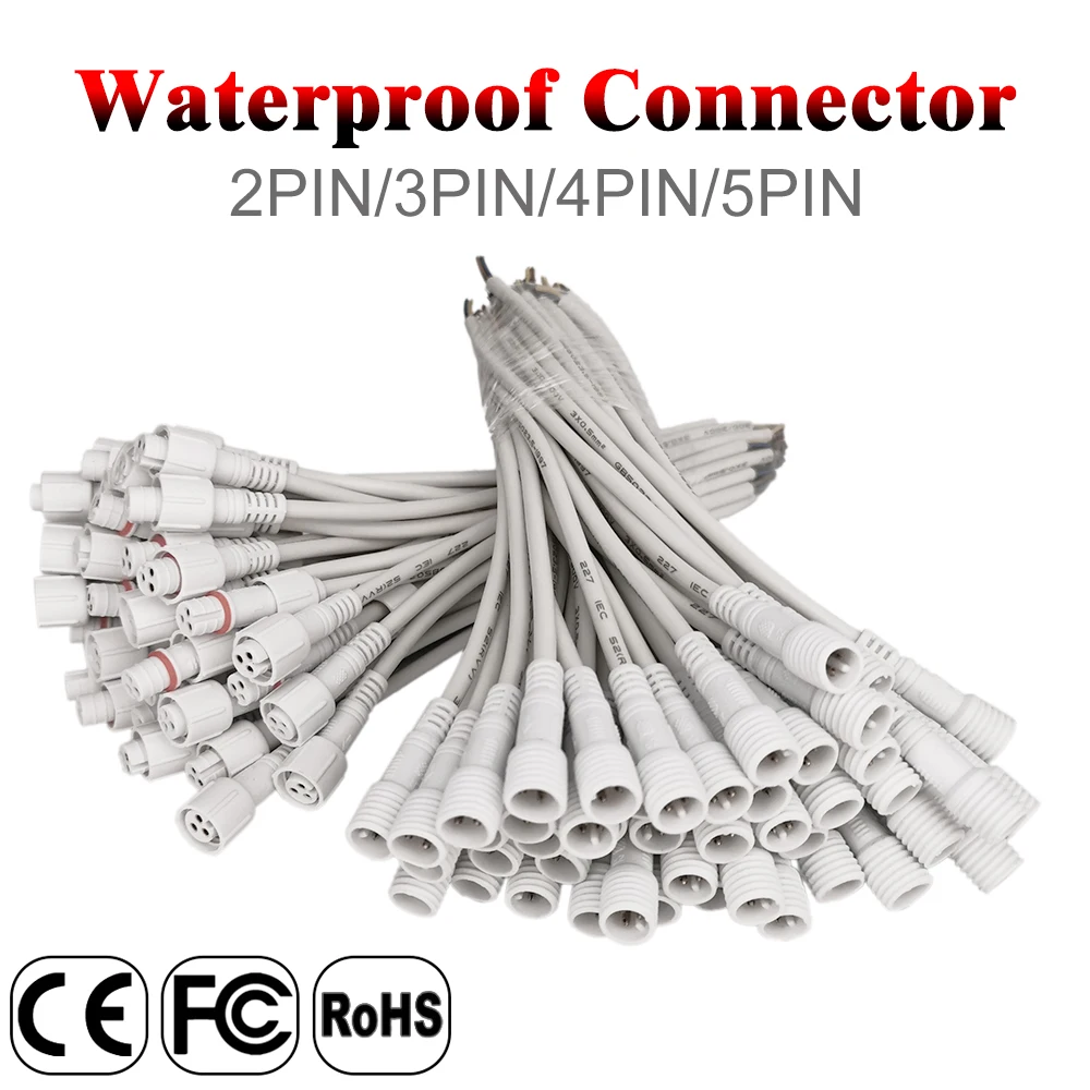 2Pin 3Pin 4Pin 5Pin LED Connector DC Male and Female Waterproof IP68 20cm Black Whtie Transparent Cable 22 24AWG For Strip Light