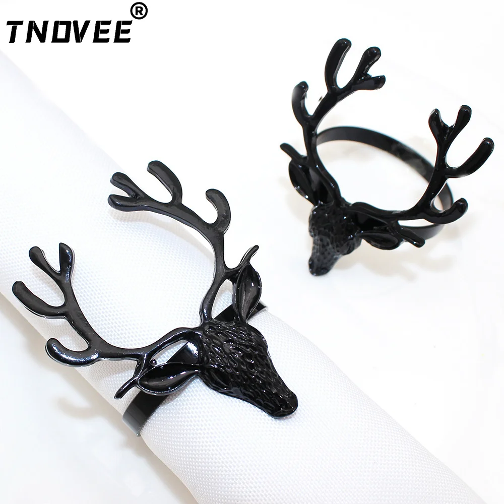 6Pcs Black Deer Head Napkin Rings Christmas Napkin Ring Holders Reindeer Napkin Buckle for Halloween Dinners Party Wedding Table