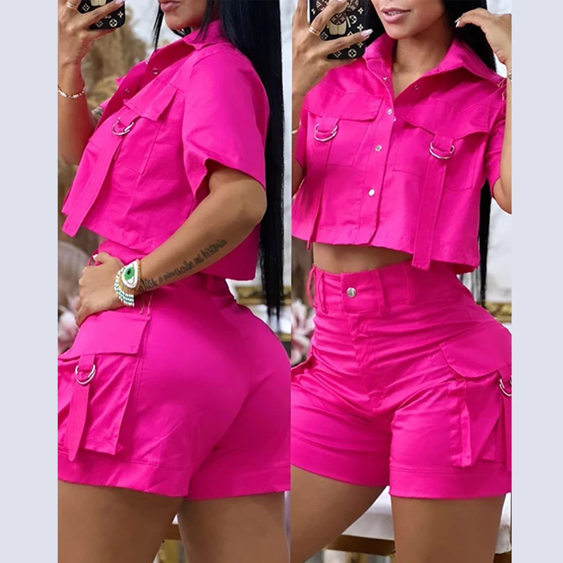 Turn-down Collar Flap Detail Buttoned Crop Top & Pocket Design Shorts Set