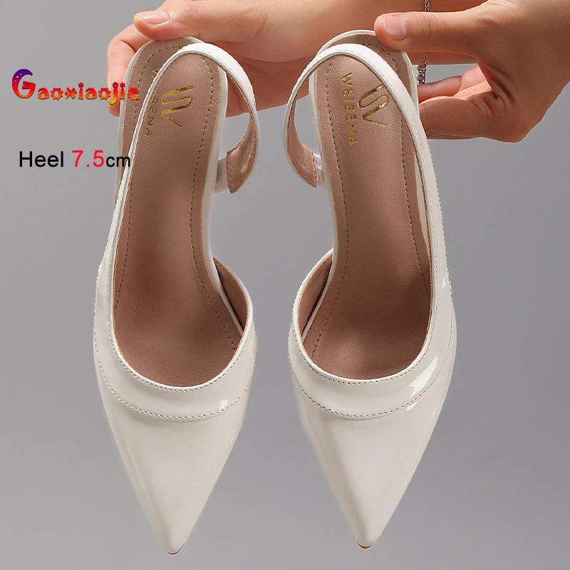 2025 الصيف الأبيض المرأة الصنادل رقيقة عالية الكعب 7.5 سنتيمتر أشار تو الجانب الجوف خارج الظهر فارغة السيدات مضخات أحذية الحفلات حجم 43