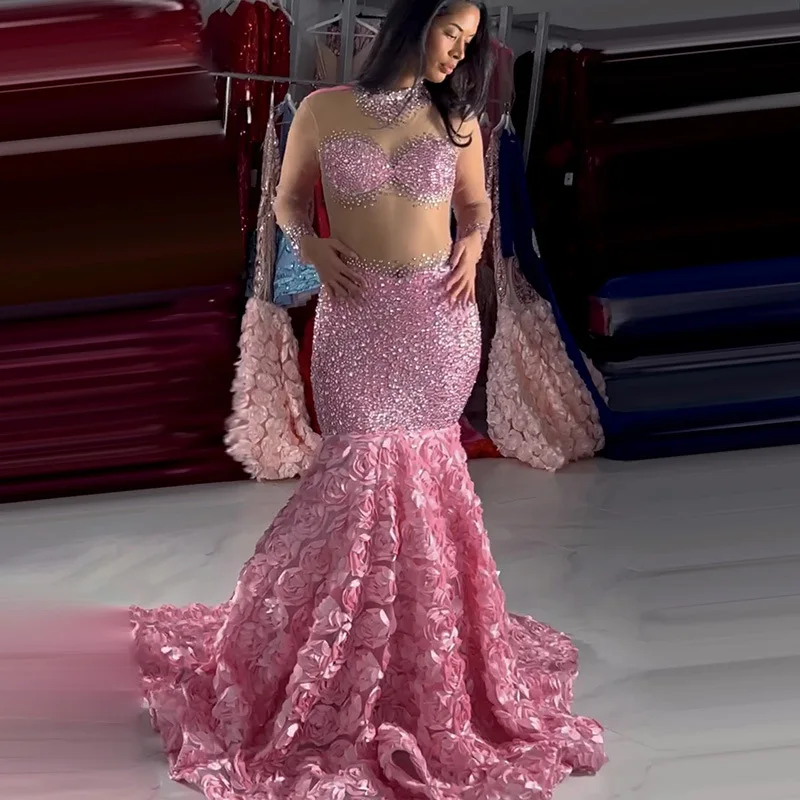 

Costume Red Shiny Diamond Rose Skirt Slim Fit Sexy Mermaid Line Long Sleeve Transparent Evening Dress Vestidos De Fiesta De Lujo