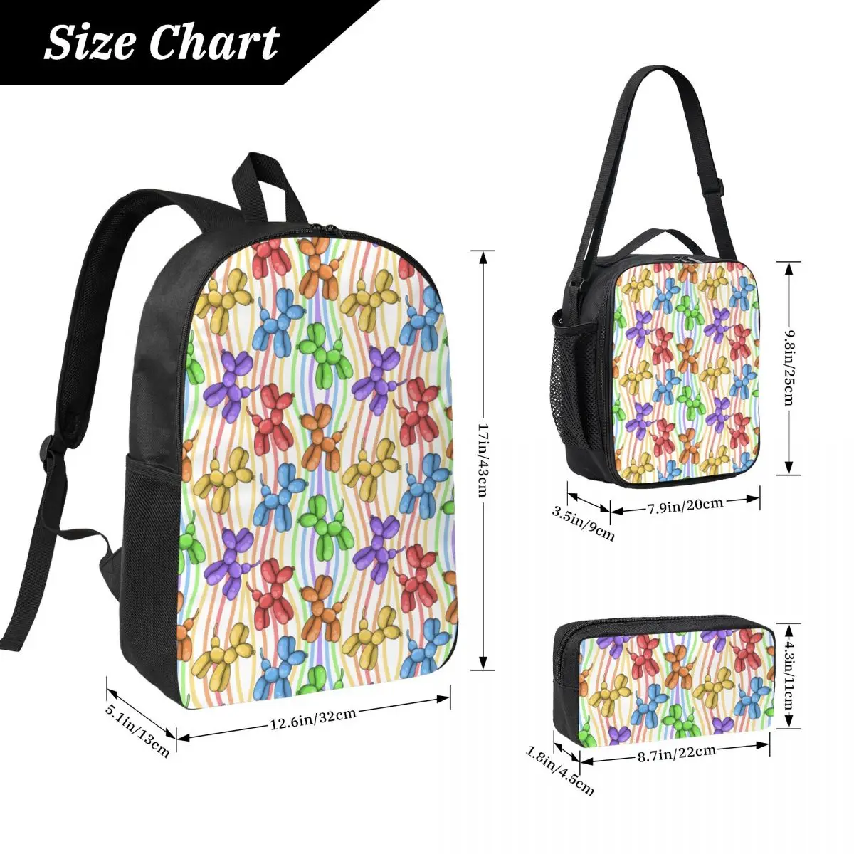 Colorful Balloon Dog Pattern Backpack Student BookBag School Bag Computer Shoulder Bags 3ps Insulated Lunch Bag Pencil Case