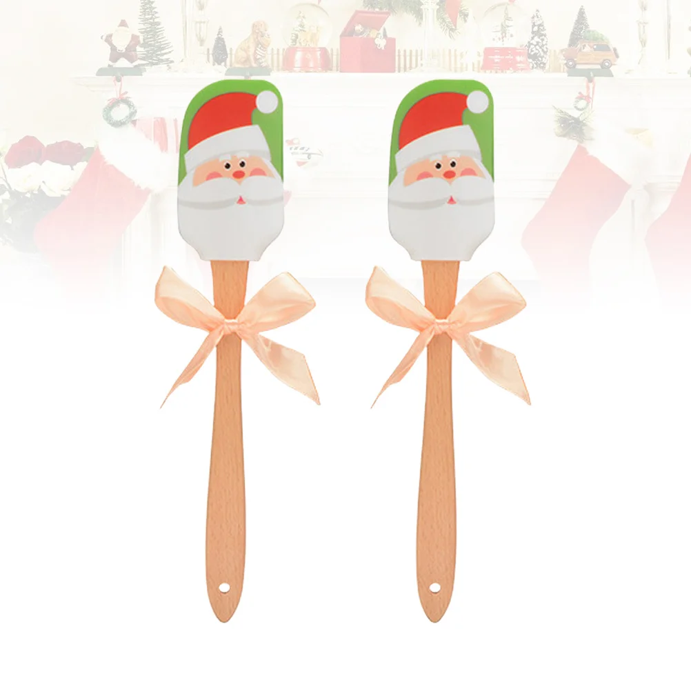 2 Buah Spatula Silikon Natal Gagang Kayu Pengikis Krim Mentega untuk Memanggang saat Liburan Alat Pencampur Dapur Santa Claus