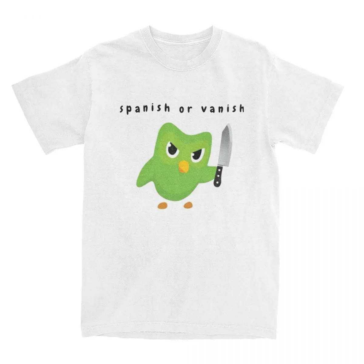 Funny Duolingo Owl Spanish Or Vanish T-Shirt Men Women\'s Crewneck Pure Cotton Short Sleeve Tees 6XL Tops