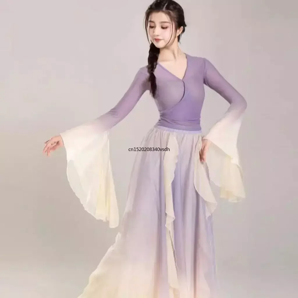 Disfraz de danza clásica, traje púrpura de Hada, vestido de práctica diaria, gasa suelta que fluye, Ropa de baile china para actuaciones en escenario