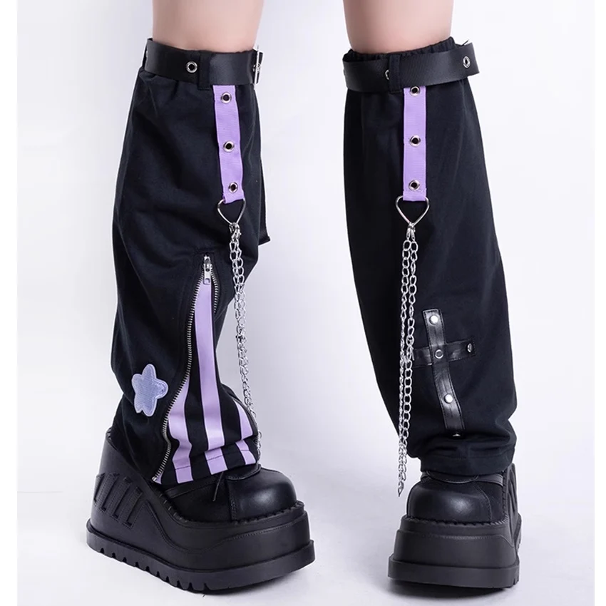 2023 Womens Y2K Japanese Cute Kawaii Iron Chain Tie Stripe Splice  Punk Style Leg Socks lolita Rock Punk girl legging Knee cover