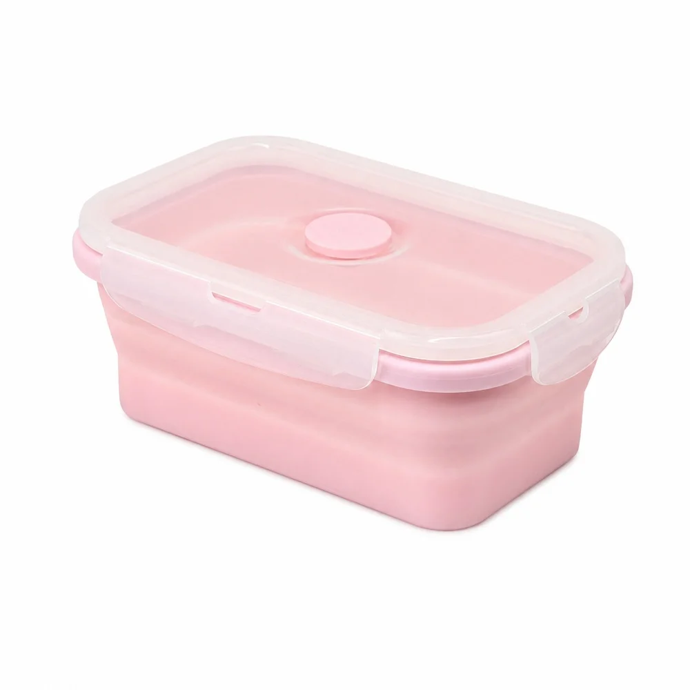 550ml Pink Collapsible Silicone Lunch Box, Portable Food Storage Container with Air Vent Lid for Fridge Travel Meal Prep Use