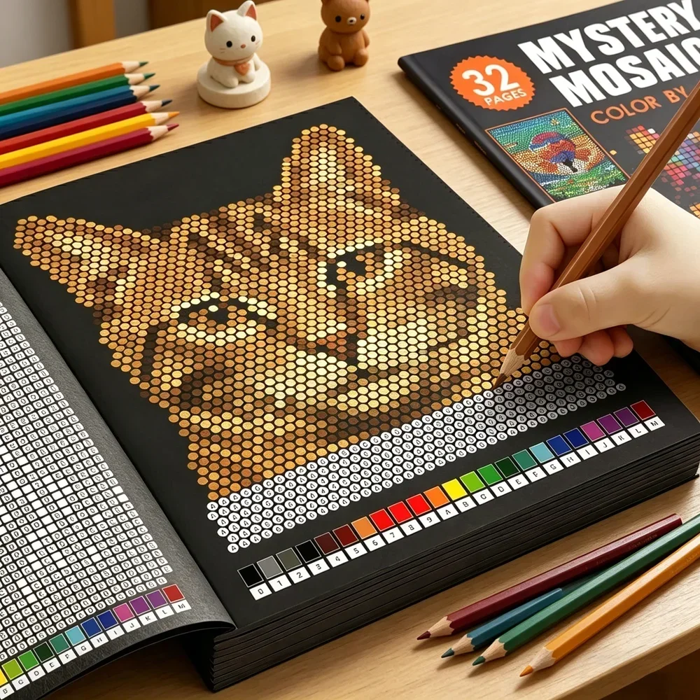 Livre de coloriage par numéros Mystery Mosaics, 32 pages, livre d'activités Pixel Art pour adultes, anti-stress, cahier de dessin créatif