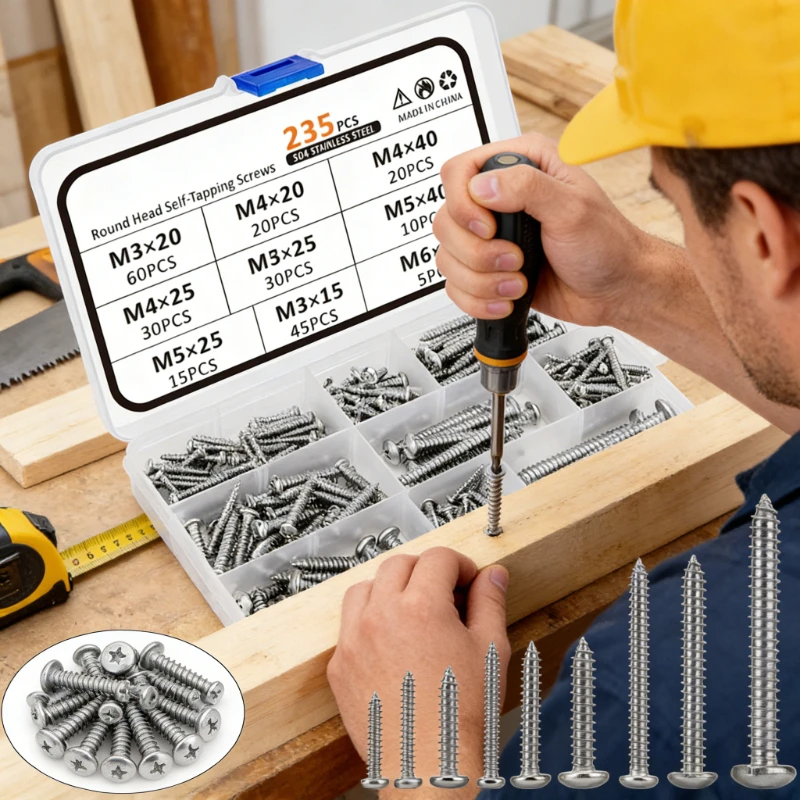 235Pcs Self Tapping Screw set ,304 Stainless steel Cross Round Phillips Pan Head Tapping Screw M3M4M5M6*/15/20/25/40/50 for wood