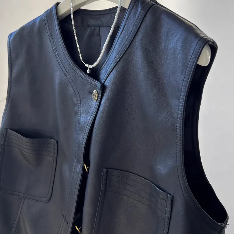 Black O-Neck Vest Women Sleeveless Waistcoat Office Single Breasted Suit Vest Woman Cropped Tops Casual Vest 2025 leather vest