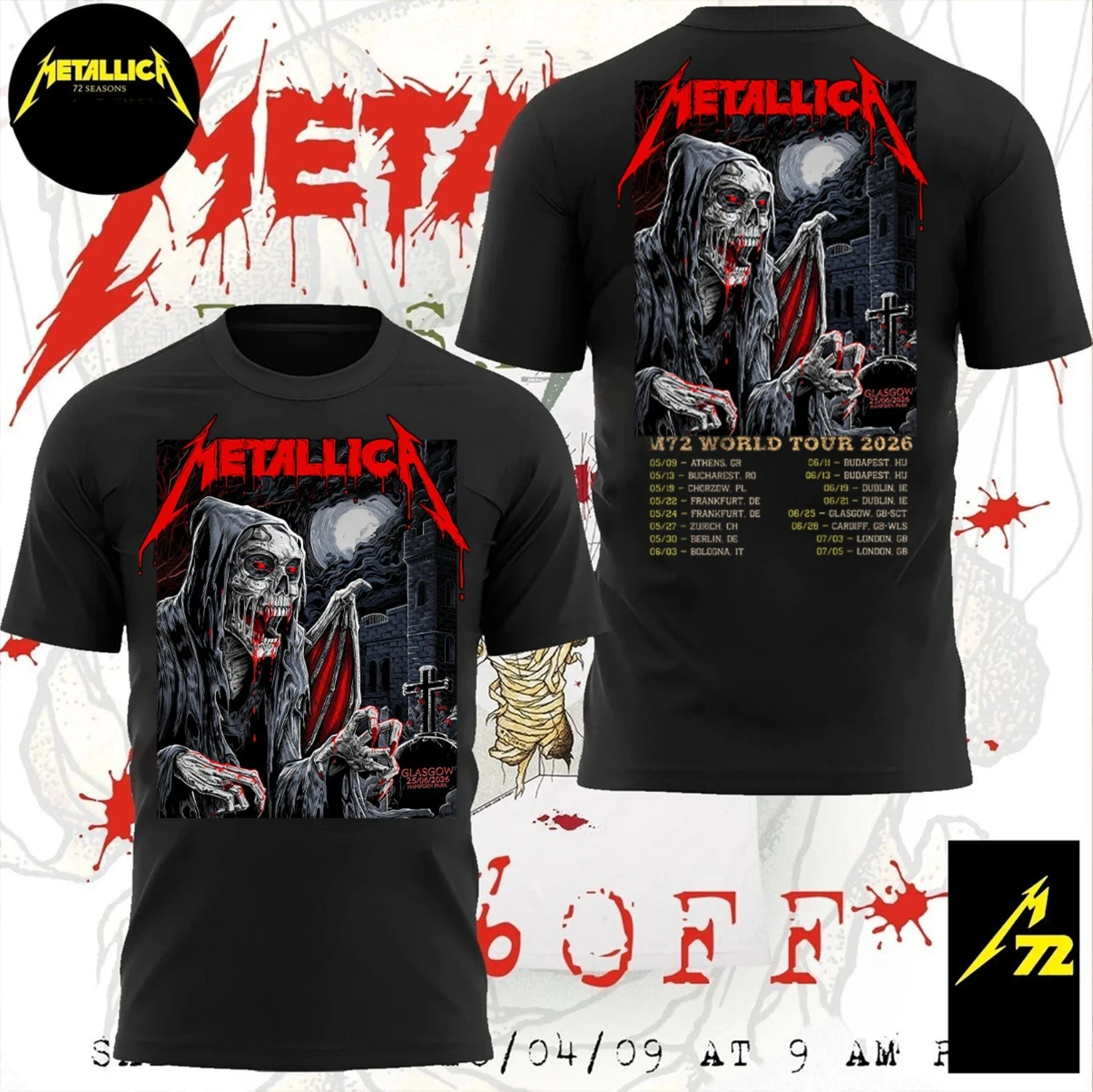 Metallica M72 World Tour Glasgow June 25, 2026 Vampire Grim Reaper Band T-Shirt Cotton Graphic Tee Men Women Summer Streetwear
