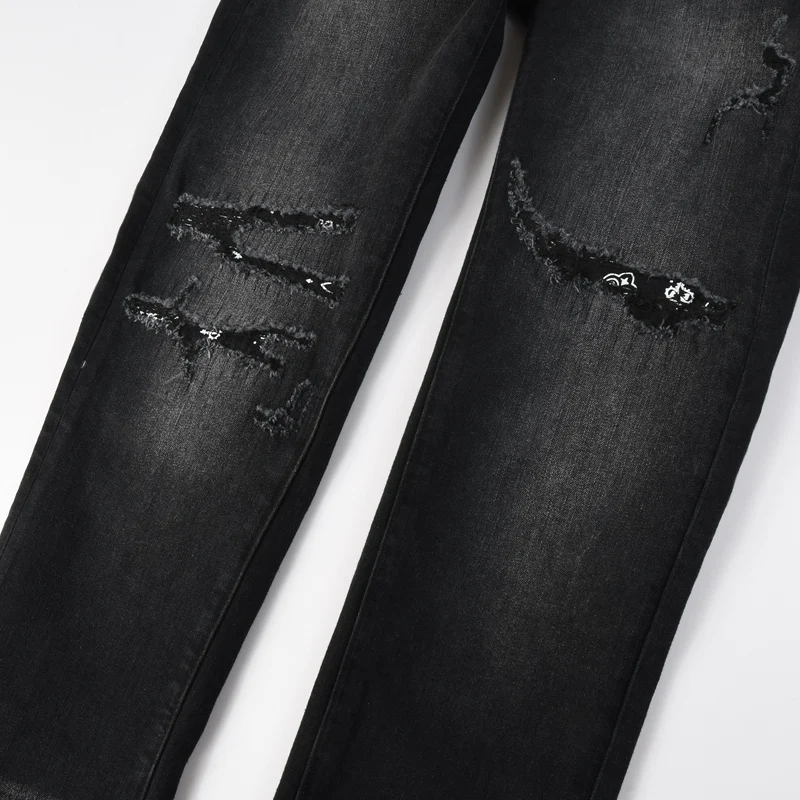 

Fashionable new men's pleated jeans washed nostalgic perforated patch men's black jeans, commercial street designer hip-hop pant
