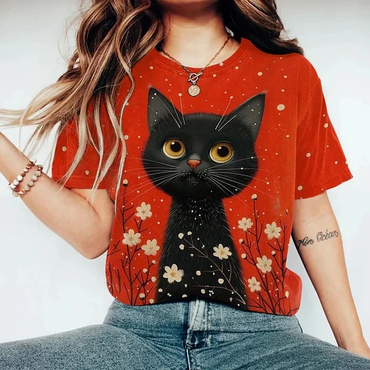 

Japenese Art Cute Little Black Cat Pattern Spring Summer Girls O Neck Short Sleeved T Shirt