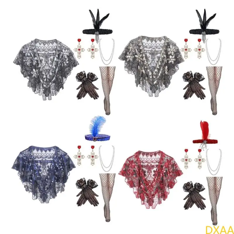 

DXAA 6 in 1 Complete 1920s Flapper Accessory Set with Sequined Shawl and Jewelry Set for Roaring Twenties Celebrations