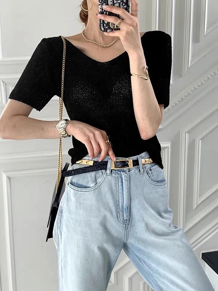 

Two-Way Wear Knot Design Hollow out Knitted Sweater Women's Summer New Sexy Versatile Slimming Top Korean Sle Loose Fit