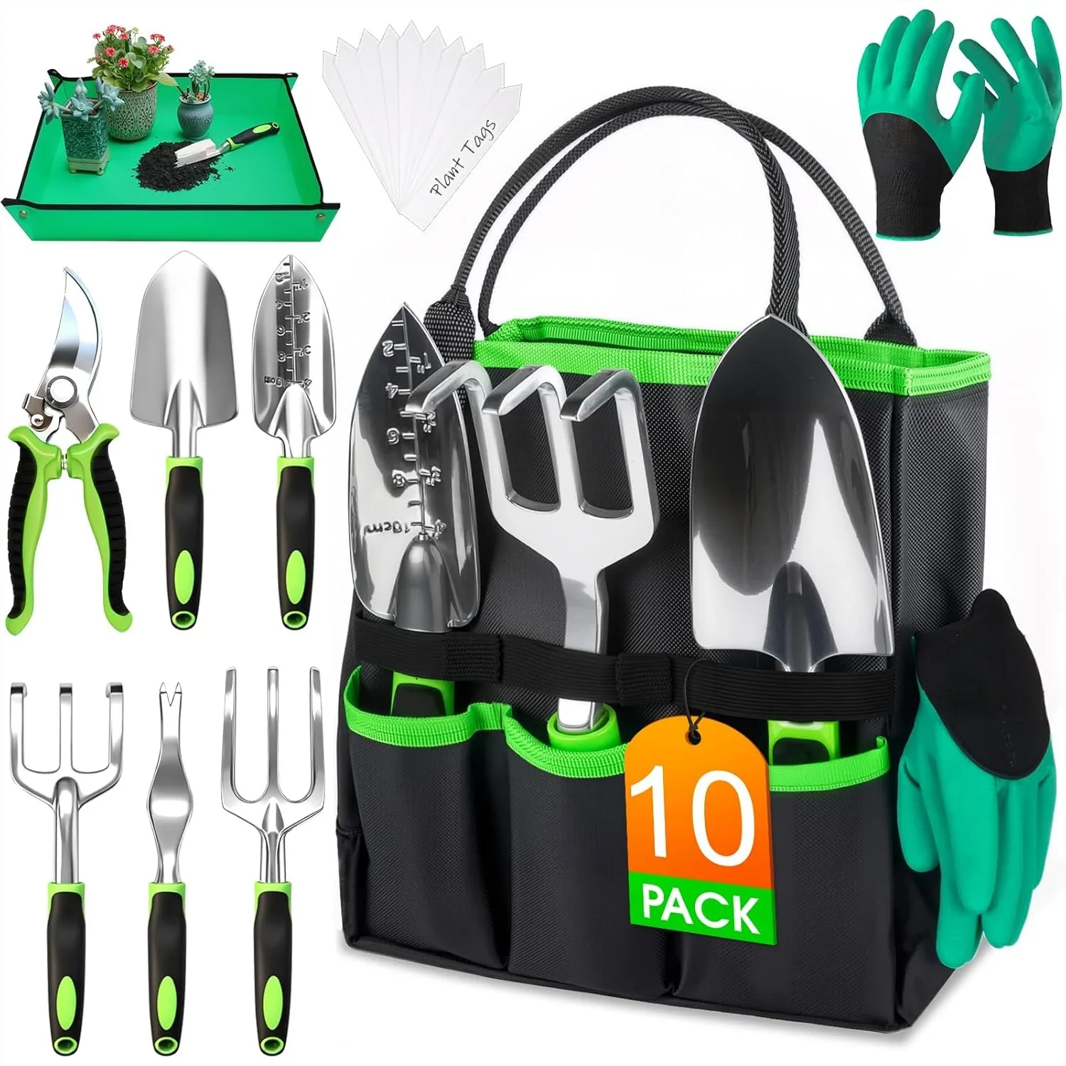 

10 Piece Gardening Tool Set with Heavy Duty Storage Tote, Rust Resistant Aluminum Hand Tools for Planting and Digging, Ergonomic