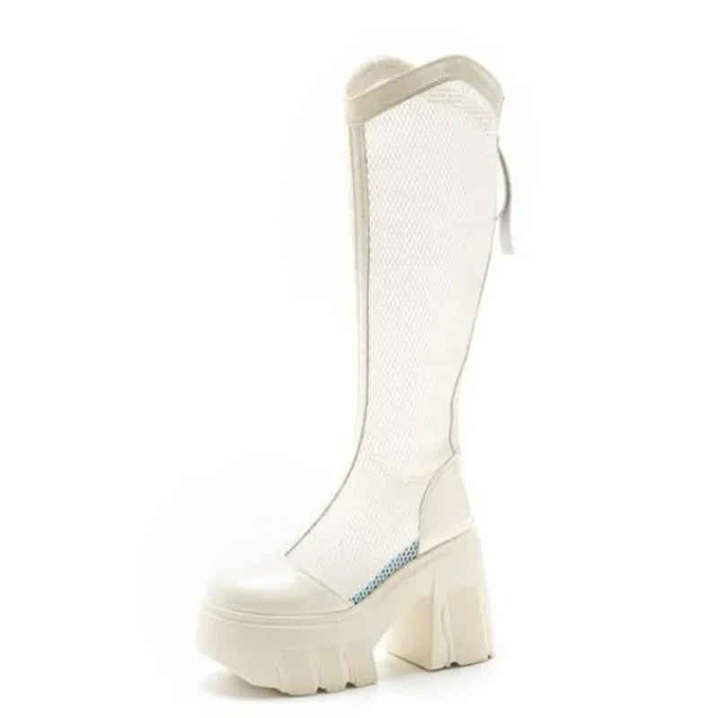 

11cm Air Mesh Sandals Women Knee High Boots Thick Heels Lace ZIP Summer Genuine Leather Hollow Platform Wedge Breathable Shoes