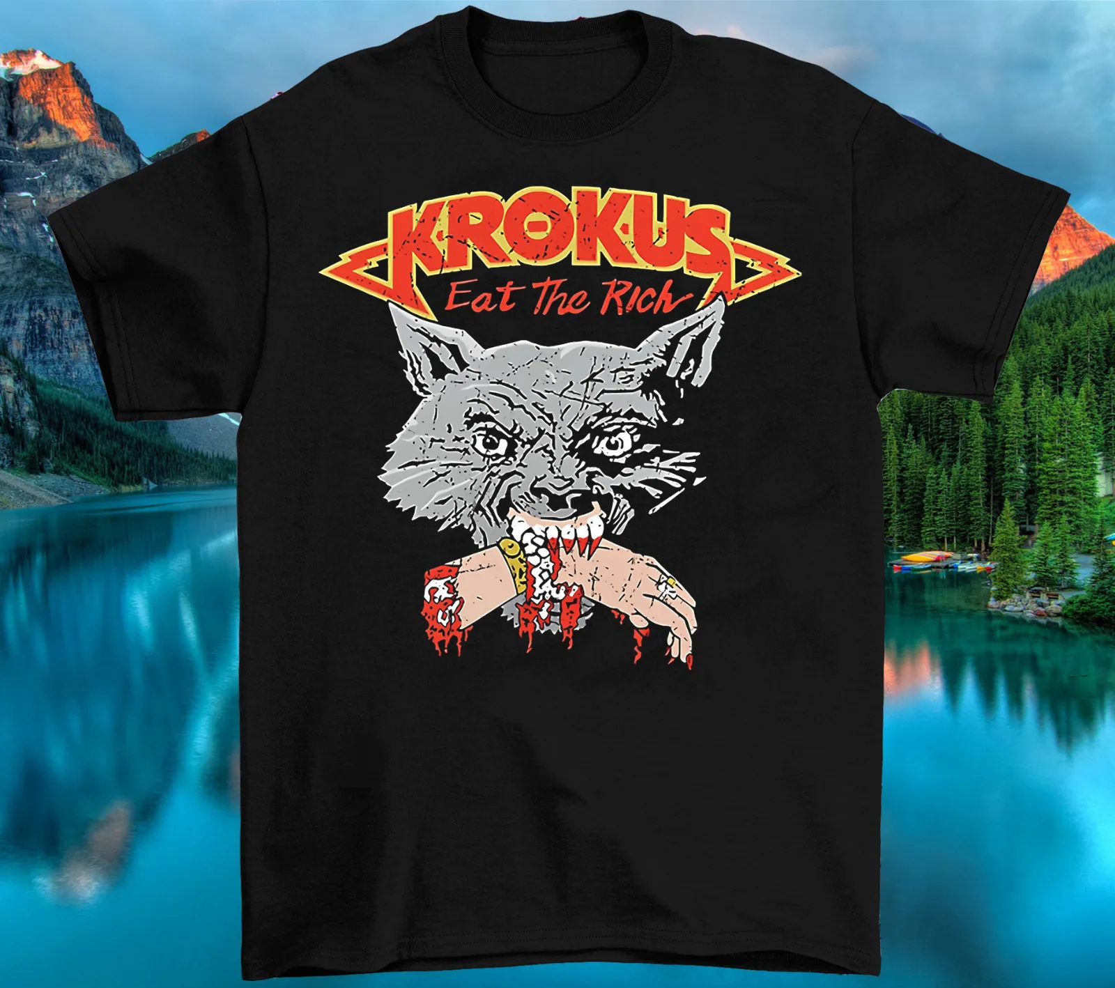 Nova camiseta unissex de algodão preta da banda KROKUS Eat The Rich KN061
