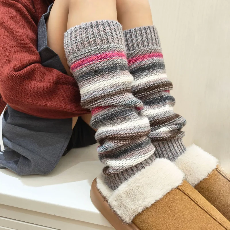 2pcs-set-y2k-e-girl-leg-warmers-women-winter-thick-knitted-boot-socks-warm-soft-black-striped-slouch-sock-for-boots