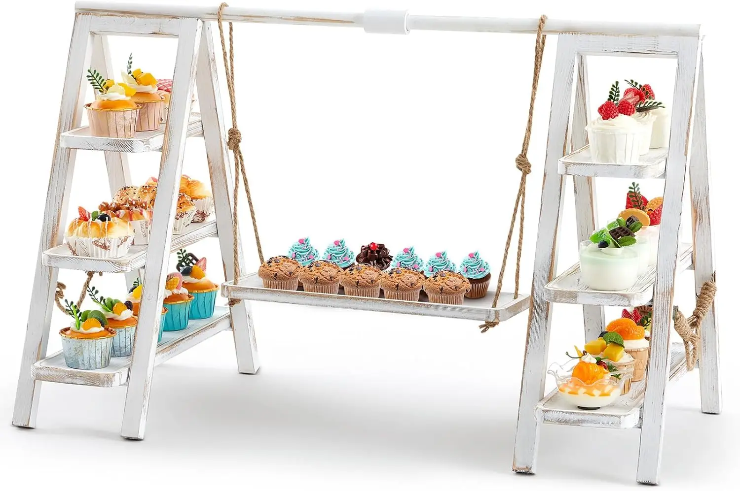 

Wooden 3-Tier Swing Cupcake Stand with Serving Platter, Foldable Ladder for Party Dessert Display