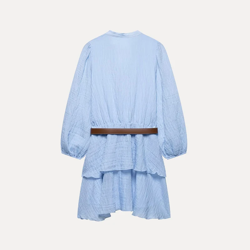 Vestido com Decote em V e Cinto Decoração em Camadas Primavera 2025 Nova Moda Fena Z Fibra de Poliéster 00% Peça Única