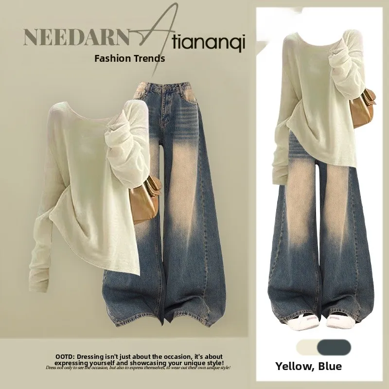 

Spring New Casual Knitted Top And Slimming High Street Jeans Two-Piece Set Women's Gentle Fre Sle Faionable Ensemble