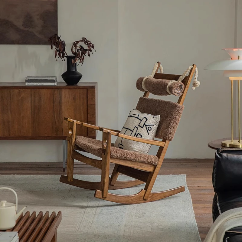 

Lamb wool rocking chair medieval retro style living room solid wood leisure