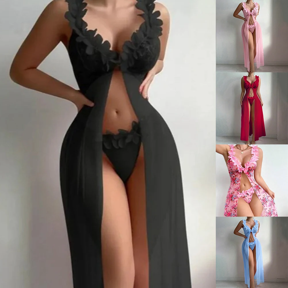 

Women Sexy Underwear Nightdress Long Camisole Nightgown Deep-V Lace Mesh Sheer Sleep Dress Pajama Set