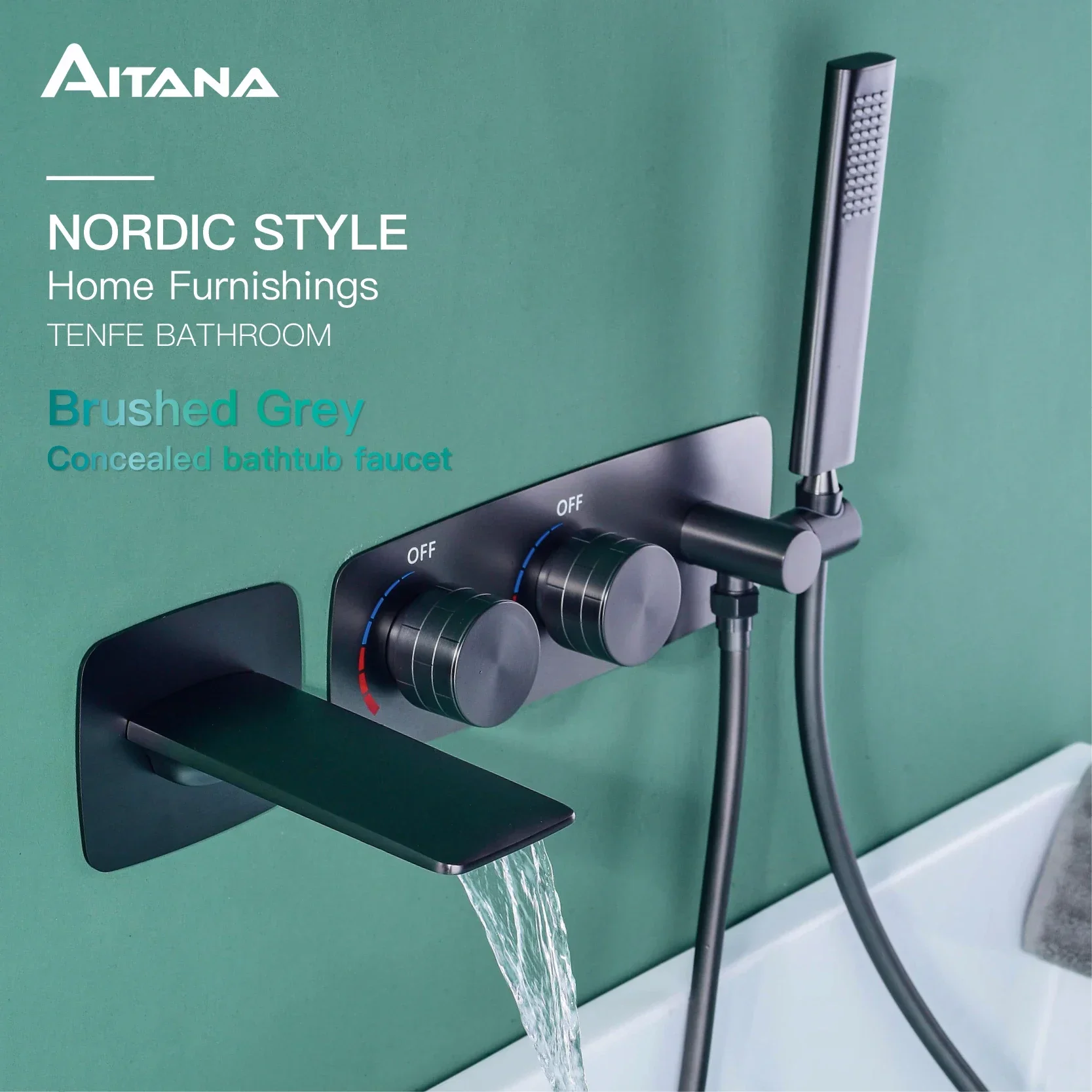 

Luxury gun gray brass bathroom faucet wall-mounted design two-handle double-waterfall bathtub cold & hot control Tap