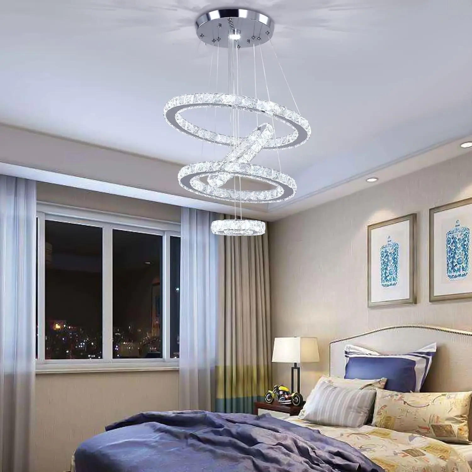 Crystal Chandeliers Modern LED Rings Pendant Light Adjustable Stainless Steel Ceiling Light Fixture for Living Room Dining Room Bedroom (Cool White)