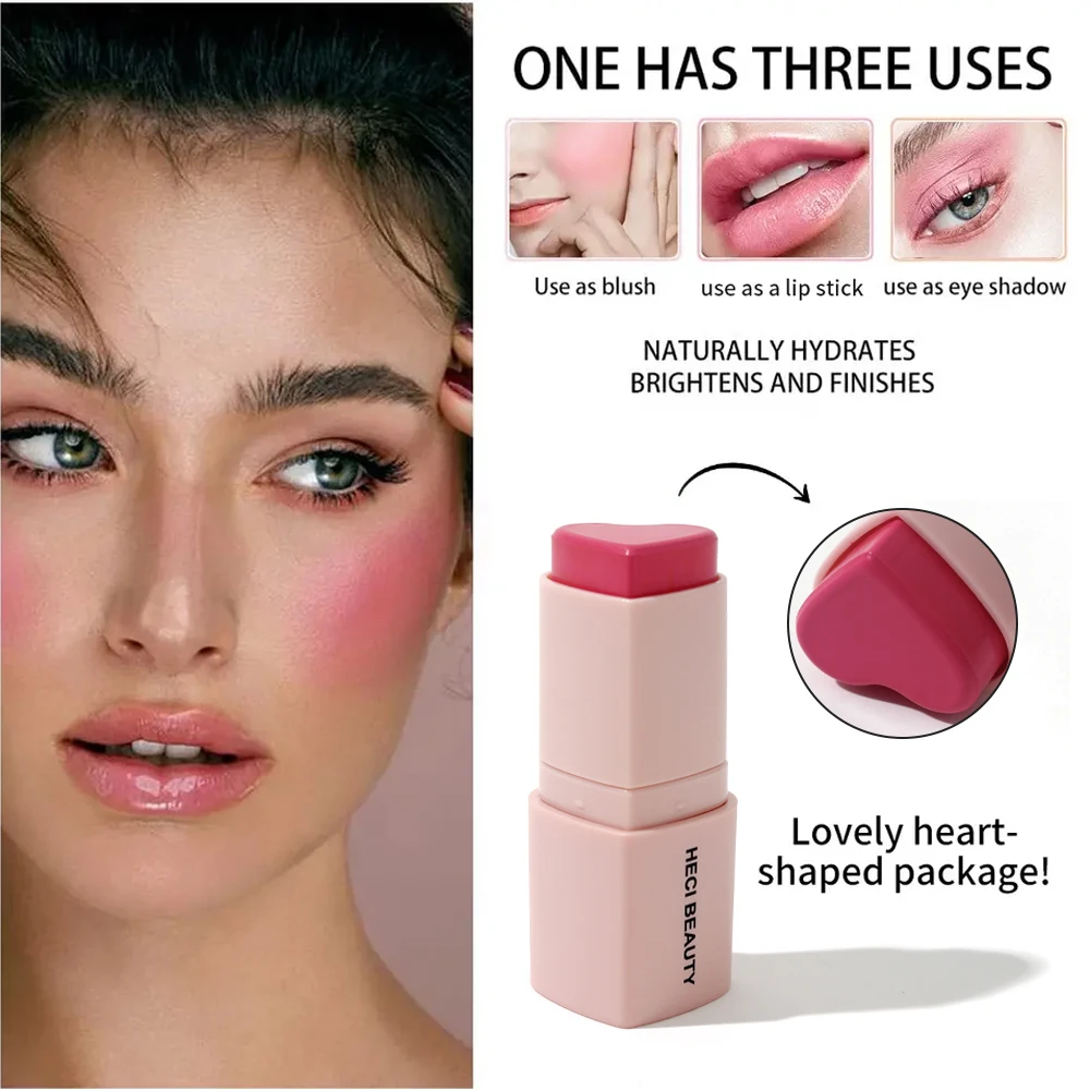 Heart Shape Vegan Creamy Blush Stick Matte Silky Waterproof Pink Blush Cream Makeup Stick High Pigment  3in1 Lip Eye Cheek Tint