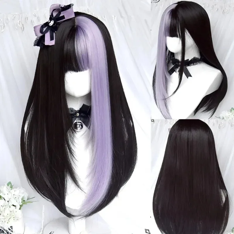 Lolita Cosplay Wig Highlights Hair Synthetic Long Straight Wig Cute Girl Anime Coser High Quality Heat Resistant Fiber Wig Party