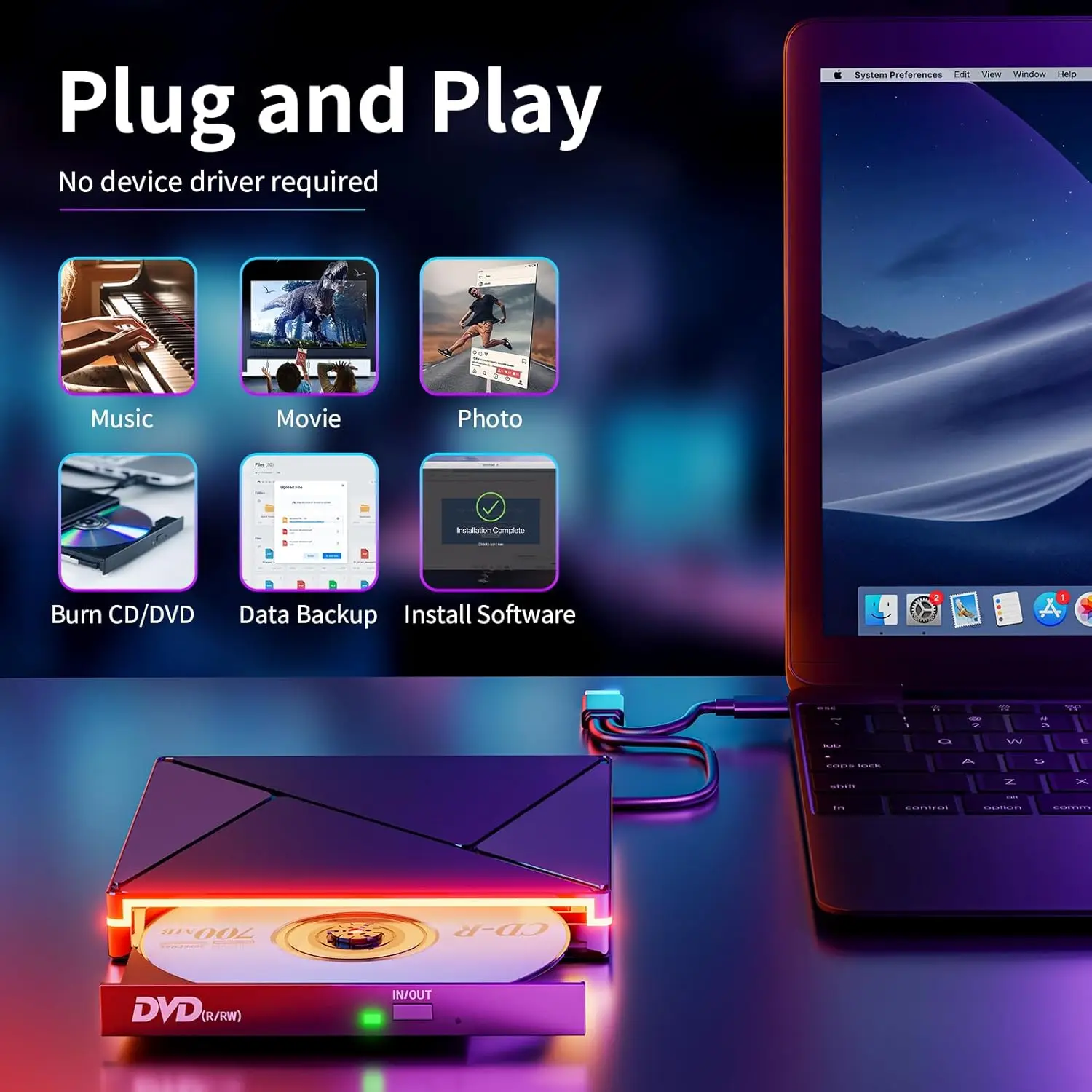 RGB DVD Player for Laptop External CD/DVD Reader Writer ROM Drive USB C Portable CD/DVD Burner for MacBook Mac Windows 11/10/7/8