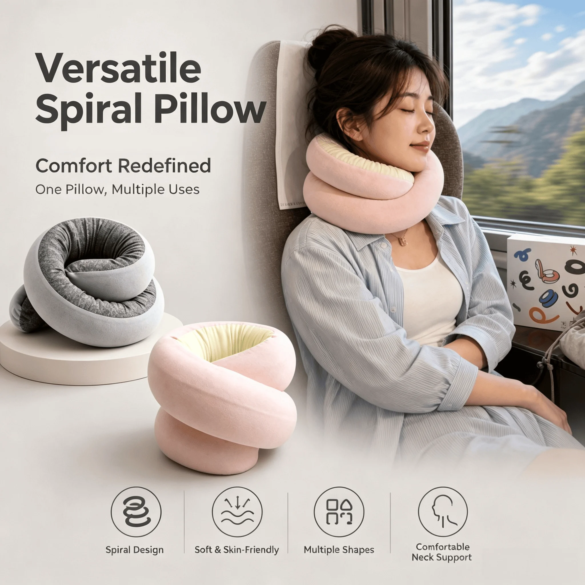 Ever-Changing Spiral Travel Neck Pillow Memory Foam Travel Neck Support Portable Adjustable Soft Noon Break Sleep Pillows