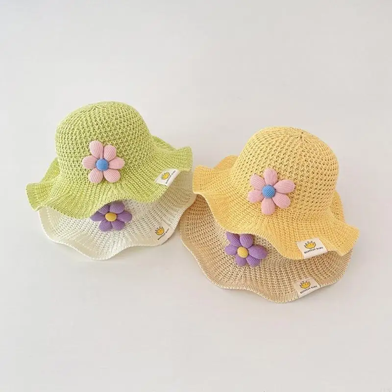 

F19F Baby Summer Sun Hats Beach Sun Visors Straw Hat with Small Flower Decorations Accessory for Toddlers 1-3 Years Old
