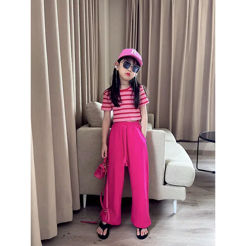 2024 summer Kids Girls Clothes Children Sets short striped crop top T-shirts + Wide Leg straight Pants Teenager 4 8 10 12 Years