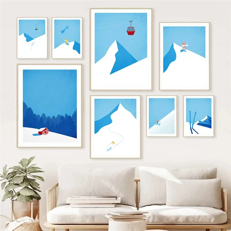1pc frameless Canvas Painting Vintage Ski Canvas Painting Winter Sport Wall Art Mountain Travel Poster Snowboard Living Room Dec