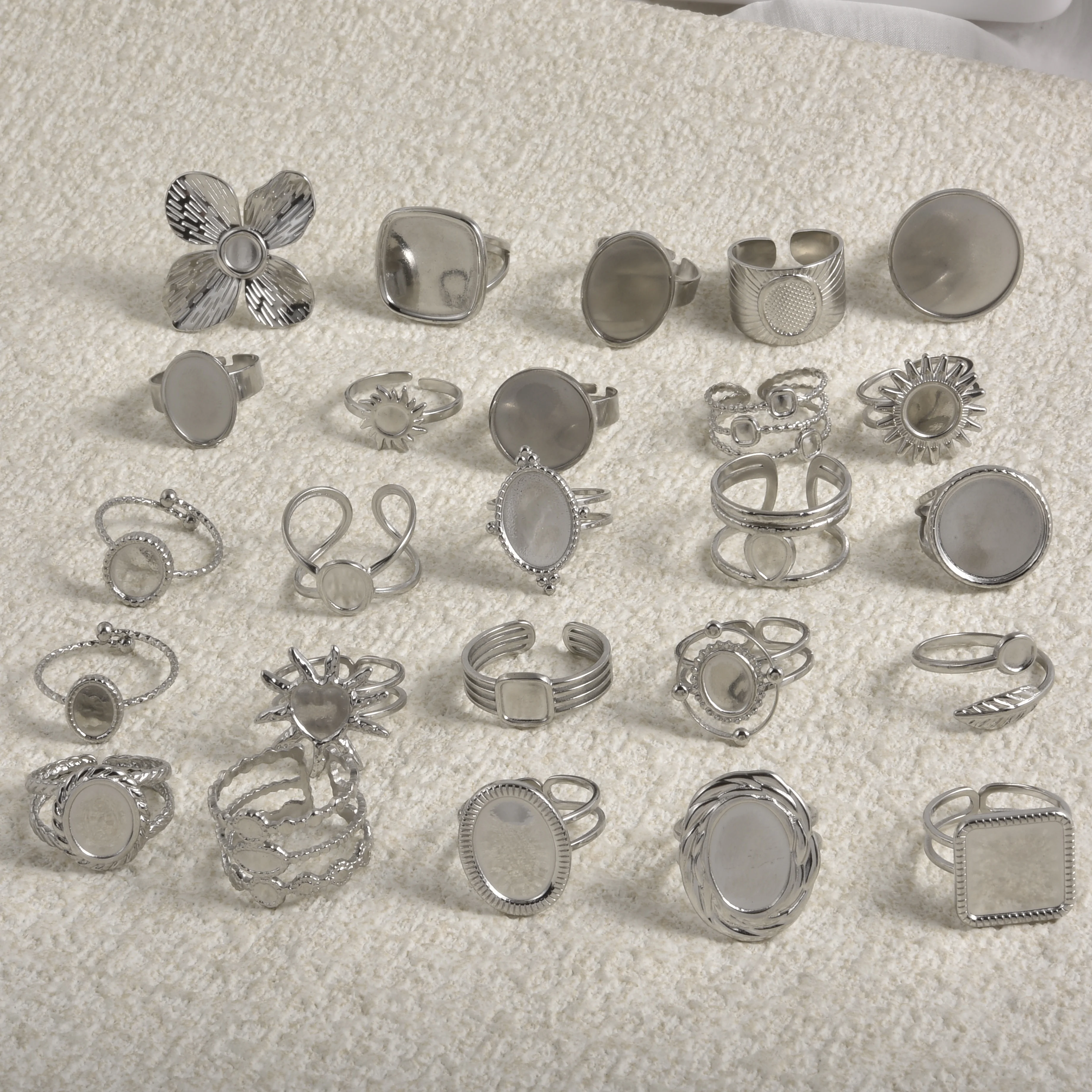5pcs/lot Stainless Steel Settings Blank Round Oval Square Flower Shaped Rings Women Adjustable DIY Jewelry Making Rings No Fade