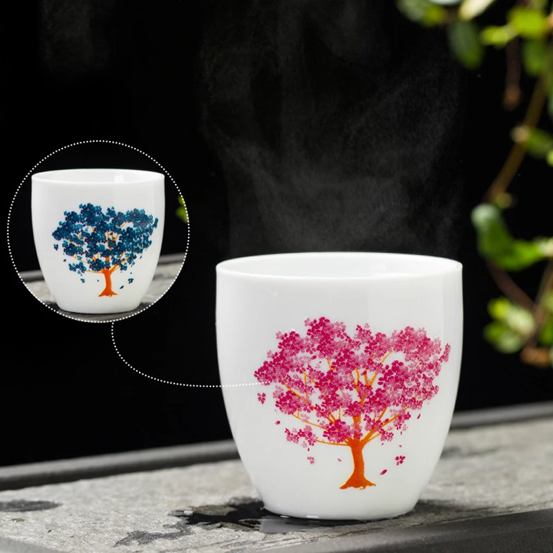 

Japanese Creative Magic Sakura Teacup Color Changing Ceramic Flower Kung Fu Tea Set Hot Cold Temperature Discoloration Tea Cup