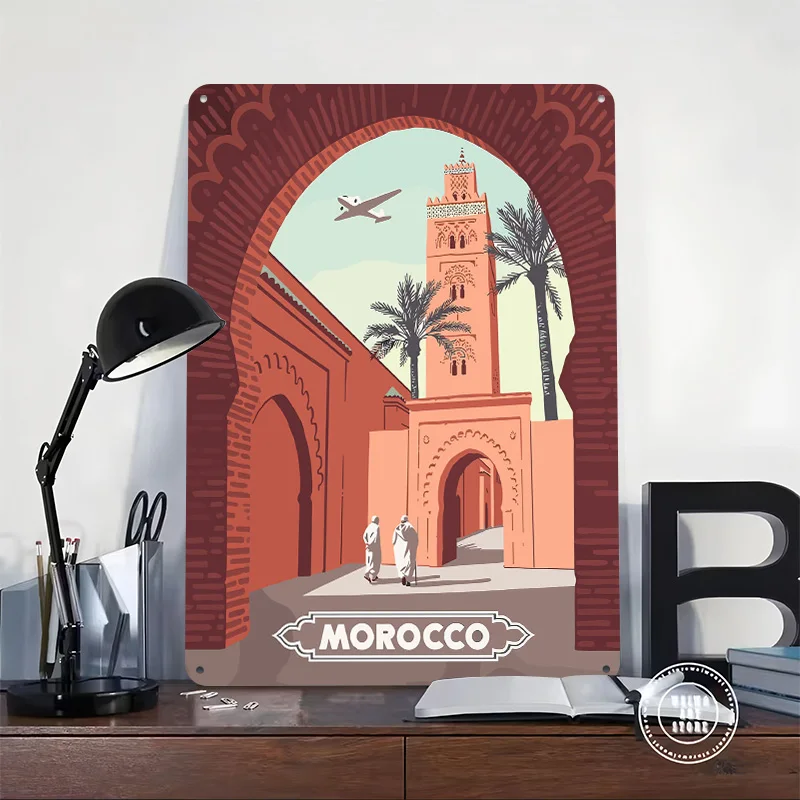 Morocco Travel With Plane Poster Customized Vintage Metal Signs Wall Art Retro Tin Plaque for Modern Home Decoration Ornaments