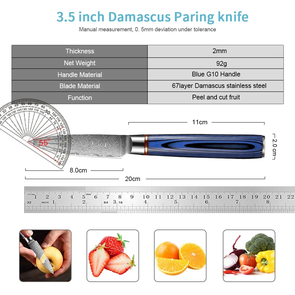 Professional Damascus Paring Knife 3.5 Inch Japanese Utility Knife Ultra Sharp Fruit Carving Knife Kitchen Cut Blue G10 Handle